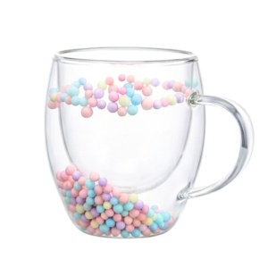 Cană cu inserție de biluțe colorate pastel, pereți dubli, sticlă borosilicată, 250 ml, Aurora Bloom