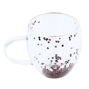 Cană cu inserție de confetti, inimioare roșii și gri, sticlă borosilicată, 250 ml, Aurora Glow