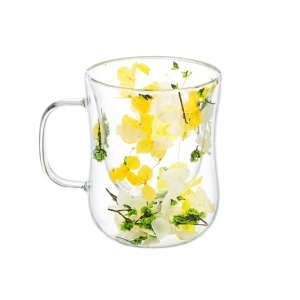 Cană cu inserție de flori uscate alb, galben și verde, hortensie și limonium, pereți dubli, sticlă borosilicată, 200 ml, Aurora Bloom