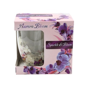 Cană cu inserție de flori uscate alb, roz și mov, hortensie și limonium, pereți dubli, sticlă borosilicată, 350 ml, Aurora Bloom