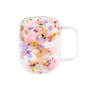 Cană cu inserție de flori uscate, hortensie culori pastel, pereți dubli, sticlă borosilicată, 250 ml, Aurora Bloom