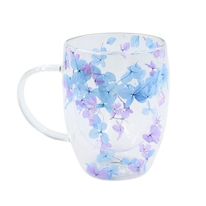 Cană cu inserție de flori uscate mov și albastru, hortensie, pereți dubli, sticlă borosilicată, 350 ml, Aurora Bloom