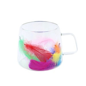 Cană cu inserție de pene multicolore, pereți dubli, sticlă borosilicată, 200 ml, Aurora Bloom
