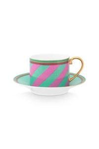 Cană espresso cu farfurioară, Pip Studio, 220 ml, colecția Pip Chique, Stripes Pink-Green