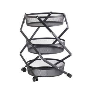 Cărucior de depozitare cu 3 coșuri rotunde din plasă metalică – Mobil cu roți, culoare negru Ø37x88 cm