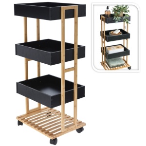 Cărucior de Depozitare cu 3 Rafturi – Structură din Bambus și Tăvi MDF Negre – Mobil cu Roți – 87,5 x 40 x 30 cm