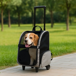 Cărucior / Troler cu rucsac transport animale mici, 35x32 cm, max. 105 cm, cu roți și mâner extensibil, negru