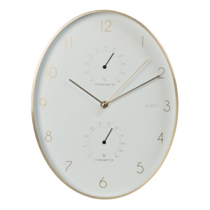 Ceas de perete cu stație meteo, 34 cm, alb cu auriu, design modern