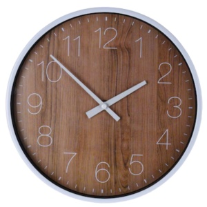 Ceas decorativ de perete, cu aspect de lemn și ramă albă, 25cm, design modern