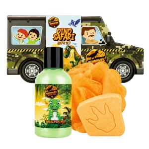 Set cadou de baie pentru copii, Dinopark Adventure SUV, spumant, bilă efervescentă și burete