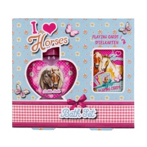 Set cadou de baie pentru copii, I Love Horses, spumant și cărți de joc