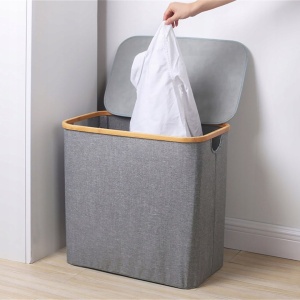 Coș de rufe pliabil 60L Jumi, gri natural, bambus și poliester, 40x33x45 cm