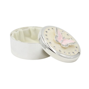 Cutie Bijuterii Rotundă 7 cm cu Fluture Roz și Strasuri AZAY – Casetă Bijuterii Elegantă, Cutie Inel, Cutie Cadou Femei cu Ambalaj Premium
