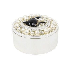 Cutie Bijuterii Rotundă 7 cm cu Pisică și Decorațiuni model perle, AZAY – Casetă Bijuterii Elegantă, Cutie Cadou Femei cu Strasuri, Ambalaj Premium