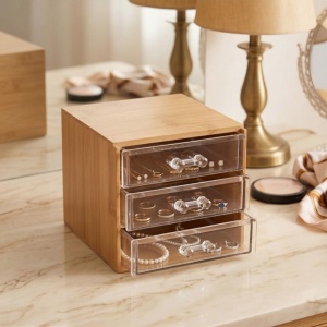 Cutie din bambus pentru bijuterii și cosmetice, organizator cu 3 sertare transparente, 15.2x12.2x10.3 cm