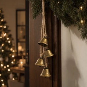 Decorațiune suspendată, de Crăciun, 4 clopoței metalici aurii vintage, șnur rustic pentru agățare, 40 cm, WOZ51