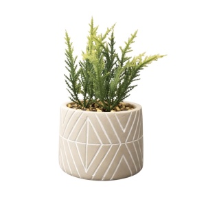 Plantă artificială decorativă 16 cm, în ghiveci ceramic gri cu model alb – design modern