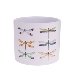 Decorative ceramic flower pot, white with dragonfly illustrations, for plants and flowers, modern design, 13.5 x 12.5 cm.