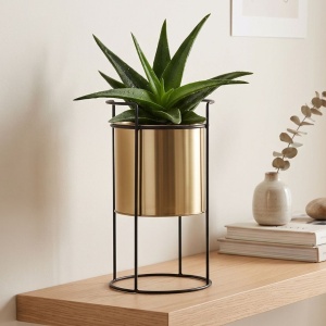 Decorative metal plant pot with stand, gold/black, 18x18x31 cm