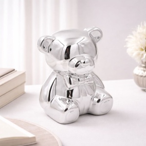 Decorative piggy bank, teddy bear, chrome silver, 14x13x17 cm