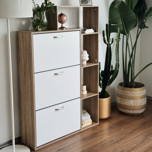 Dulap pantofi cu raft JUMI, 132x24x86 cm, PAL furniruit alb, 3 compartimente și spațiu lateral deschis
