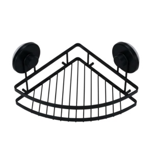 Etajeră metalică de colț pentru baie, cu două ventuze, culoare negru, 20x20x12,5 cm