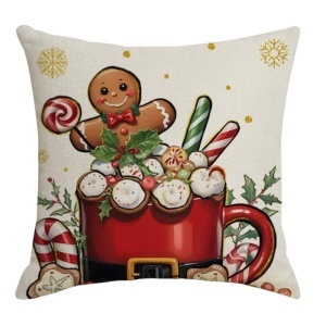 Față de pernă decorativă, de Crăciun, BOHO, 45 × 45 cm, cu om de turtă dulce, cană roșie și dulciuri festive, POD199