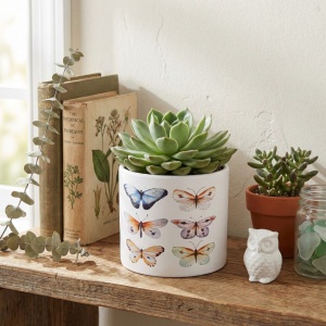 Ghiveci decorativ ceramic, alb cu ilustrații cu fluturi, pentru plante și flori, design modern 13.5x12.5 cm