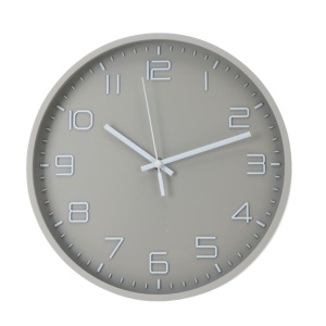 Grey wall clock with white 3D numerals, 30 cm, modern design