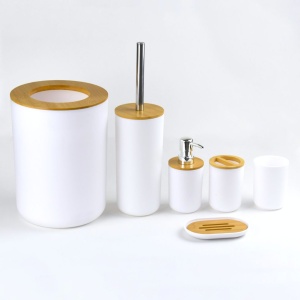 Set accesorii de baie Jumi, 6 piese alb cu accente din bambus, design modern