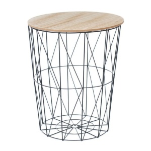 Masă rotundă cu coș de depozitare Jumi, MDF și bază metalică, negru și maro, 57x47x47 cm