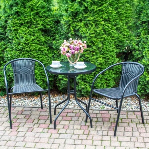 Masă rotundă Jumi, cu blat din sticlă, pentru curte, gradină, terasă sau balcon, diametru 60 cm