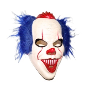 Mască pentru Halloween clovn înfricoșător cu păr albastru, pentru costum și petreceri tematice