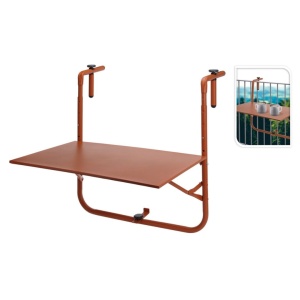 Măsuță pliabilă de balcon cu sistem de prindere pe balustradă, oțel vopsit, înălțime reglabilă 50–70 cm, blat 60×40 cm