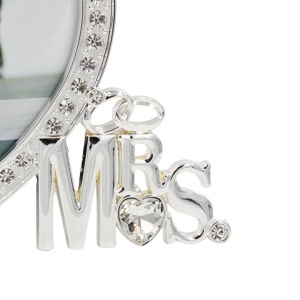 Ramă Foto Nuntă „Mr & Mrs” în Formă de Inimă cu Strasuri, 10x10 cm, AZAY – Cadou pentru Miri, Cuplu, Aniversare, Valentine’s Day, Decor Romantic Argintiu