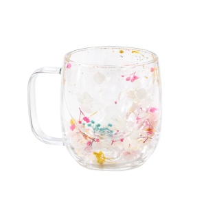 Mug with dried flower insert (white hydrangea and multicolored baby's breath), double-walled, borosilicate glass, 250 ml, Aurora Bloom