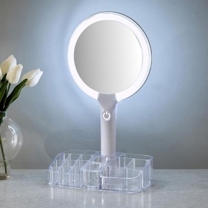 Oglindă de machiaj cu LED și organizator pentru accesorii, iluminare reglabilă, alimentare USB