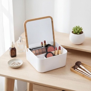 Oglindă de machiaj cu organizator cosmetic pătrat, 13x13x7 cm, Eleganza