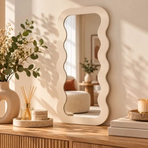 Oglindă decorativă cu ramă ondulată – 37x80 cm, sticlă + cadru MDF, bej