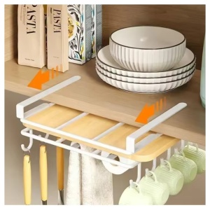 Organizator de bucătărie, suspendat, din metal, cu raft și cârlige pentru ustensile și căni, Ecarla, culoarea alb, 25×25 ×9,7 cm, OR116B