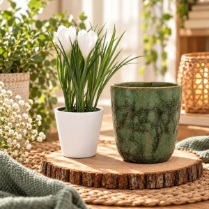 Pachet plantă artificială cu brândușe decorative în ghiveci alb, 21 cm + mască de ghiveci verde, 15×12 cm