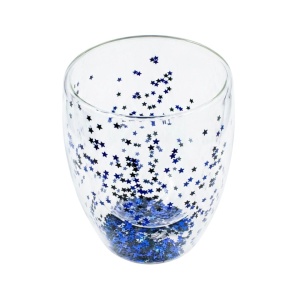 Pahar cu inserție de confetti steluțe albastre și negre, pereți dubli, sticlă borosilicată, 300 ml, Aurora Glow