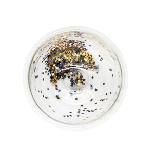 Pahar cu inserție de confetti steluțe gri și auriu, pereți dubli, sticlă borosilicată, 250 ml, Aurora Glow