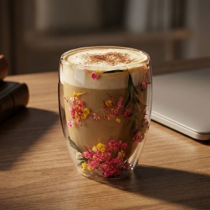 Pahar cu inserție de flori uscate galben, roz și verde, floarea miresei, pereți dubli, sticlă borosilicată, 300 ml, Aurora Bloom
