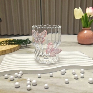 Pahar din sticlă borosilicată, cu pereți ondulați și fluturași roz, 260 ml, eCarla, SZK161