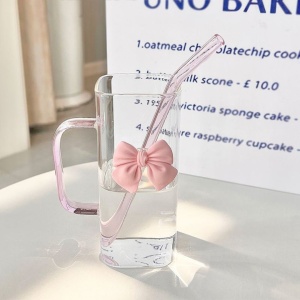 Pahar dreptunghiular, din sticlă borosilicată, cu capac etnaș, pai reutilizabil și fundiță roz, 320 ml, eCarla, SZK87