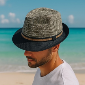 Pălărie de plajă bărbați Aristo, gri cu negru, stil fedora, design modern, ușoară și respirabilă, protecție solară, diametru 27 cm