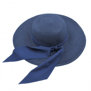 Pălărie de plajă damă Tiara, albastru închis, cu fundă elegantă, boruri largi, ușoară și respirabilă, protecție solară, diametru 39 cm
