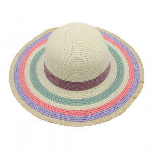 Pălărie de plajă damă Tiara bej cu cercuri multicolore pastel, din hârtie de paie, bor larg 39 cm, elegantă și ușoară