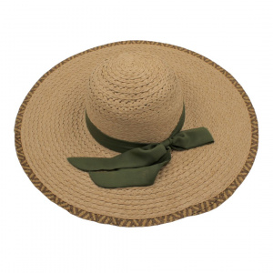 Pălărie de plajă damă Tiara, bej cu fundă verde, boruri extra largi, elegantă, ușoară și respirabilă, protecție solară, diametru 47 cm